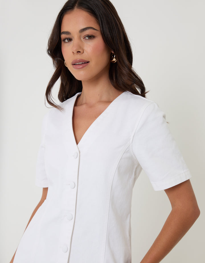 White Denim Button Up Mini Dress