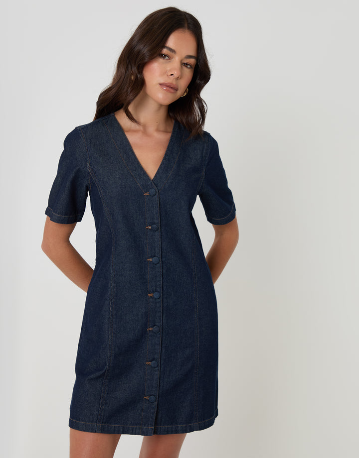 Threadbare Denim Button Up Mini Dress in Indigo - front view
