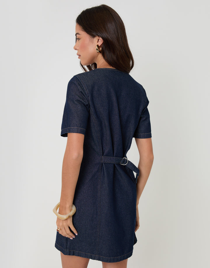 Threadbare Denim Button Up Mini Dress in Indigo - back view