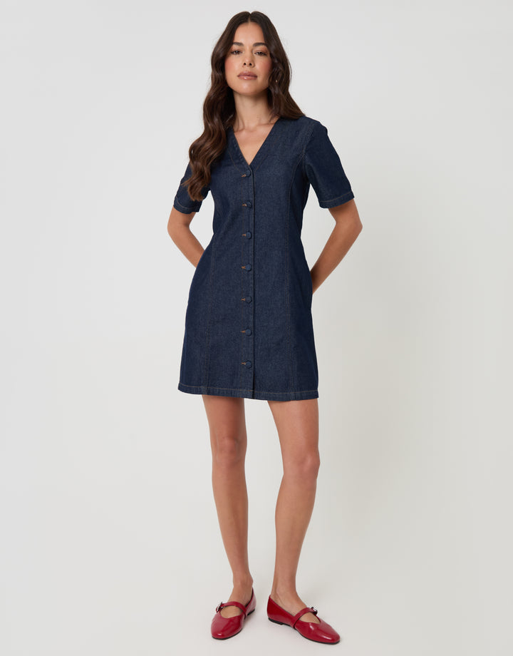 Threadbare Denim Button Up Mini Dress in Indigo - full body