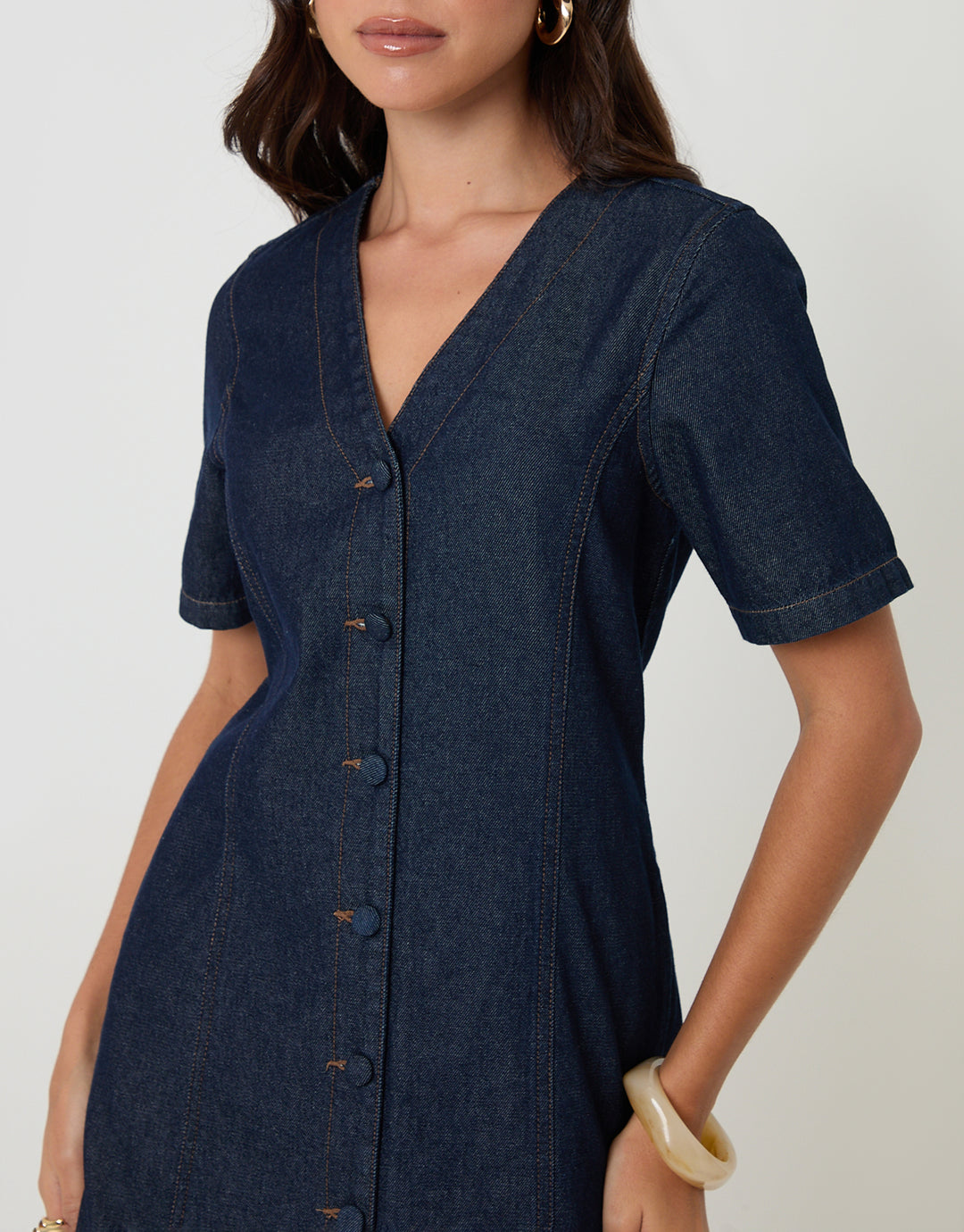 Threadbare Denim Button Up Mini Dress in Indigo - front view close up