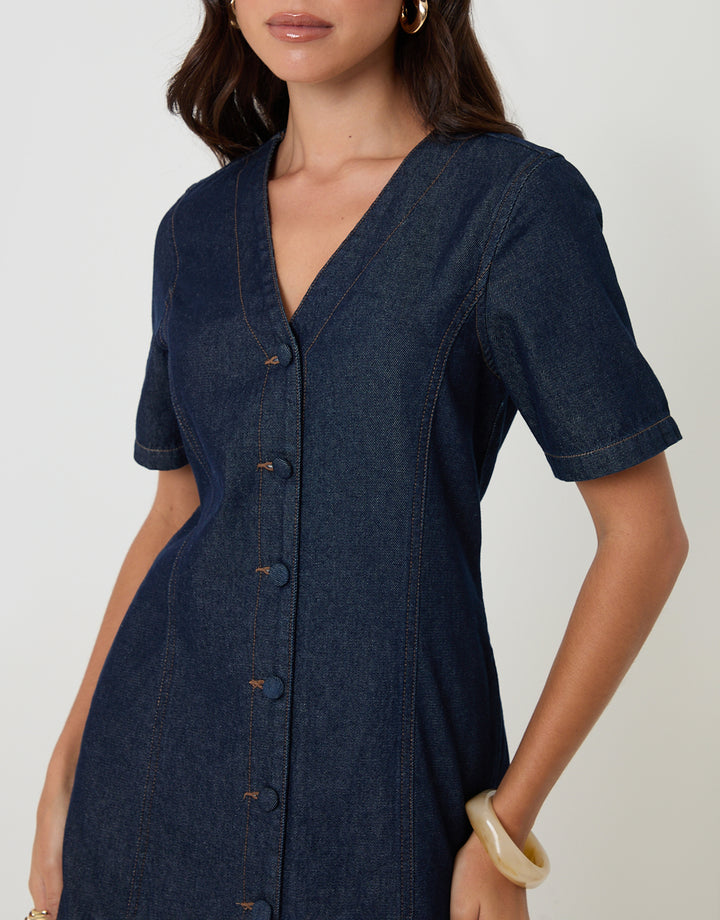 Threadbare Denim Button Up Mini Dress in Indigo - front view close up