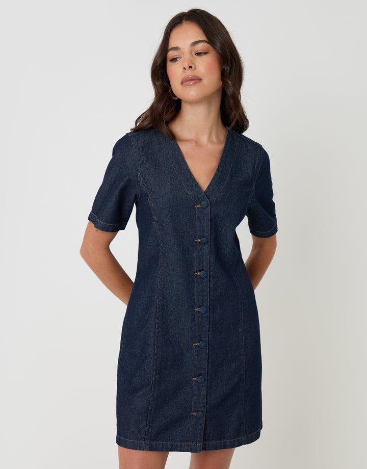 Threadbare Denim Button Up Mini Dress in Indigo - front view
