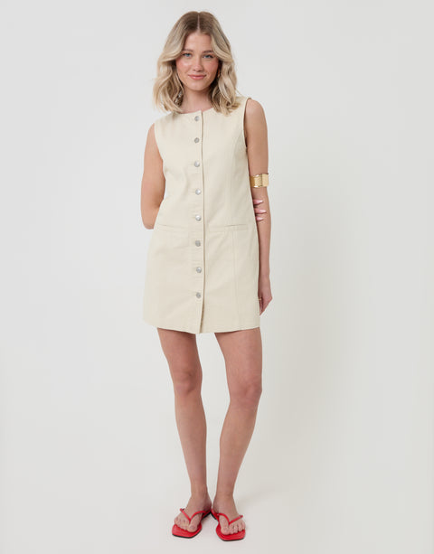 Threadbare Denim Pinafore Mini Dress in Ecru - full body