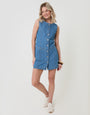Threadbare Denim Pinafore Mini Dress in Mid Wash - full body, smiling