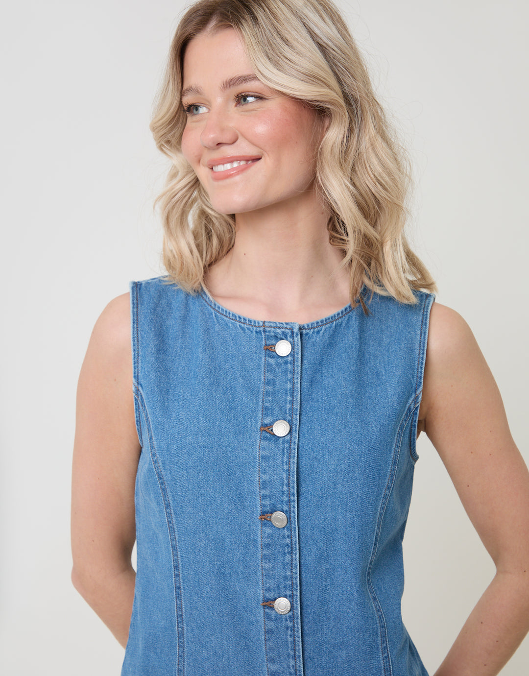 Threadbare Denim Pinafore Mini Dress in Mid Wash - neckline close up