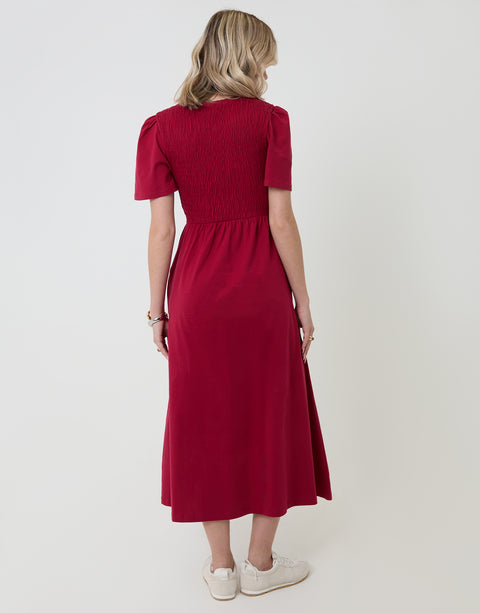 Threadbare Cotton Jersey Shirred Bodice Midi Dress in Red - back view