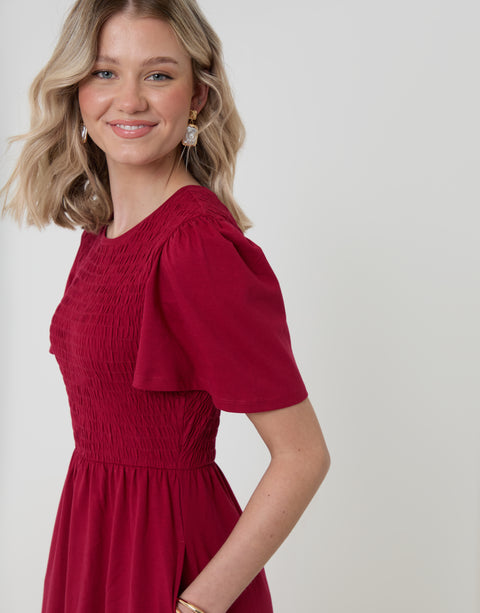 Threadbare Cotton Jersey Shirred Bodice Midi Dress in Red - sleeve close up