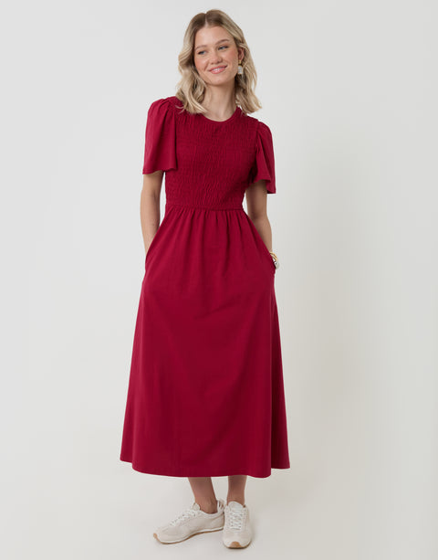 Threadbare Cotton Jersey Shirred Bodice Midi Dress in Red - front view