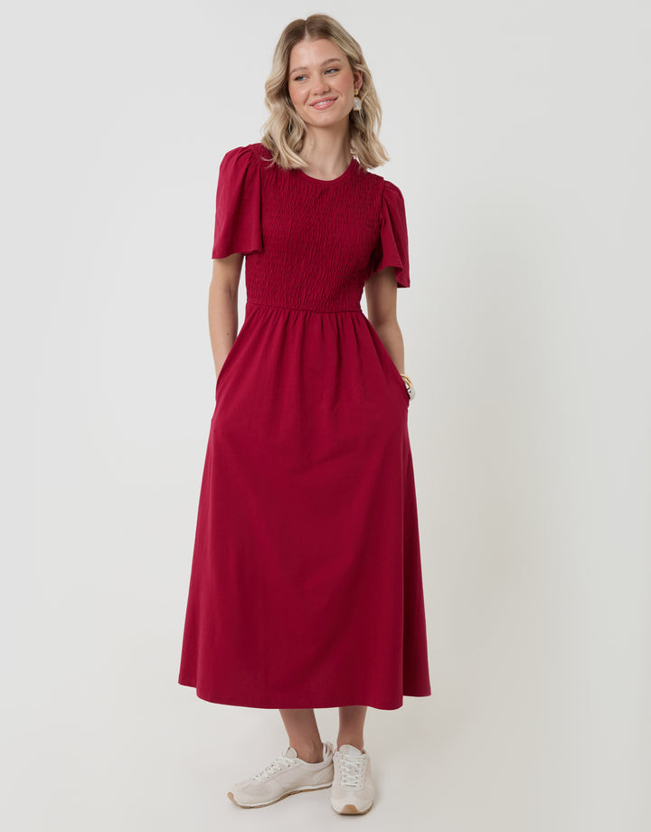 Threadbare Cotton Jersey Shirred Bodice Midi Dress in Red - front view
