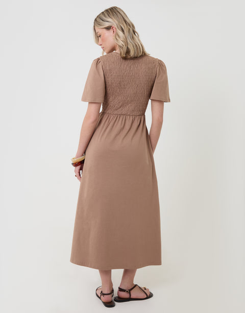 Threadbare Cotton Jersey Shirred Bodice Midi Dress in Mink Brown - back view