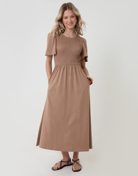 Threadbare Cotton Jersey Shirred Bodice Midi Dress in Mink Brown - front view