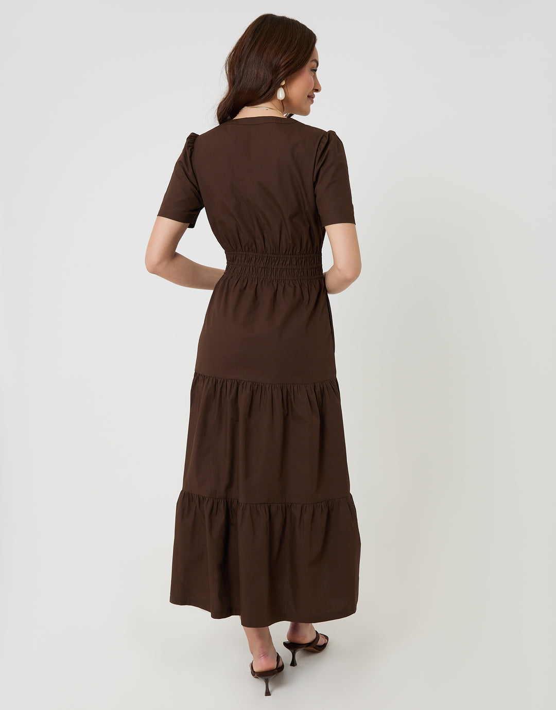 Threadbare Cotton Poplin Tiered Midaxi Dress in Chocolate Brown - back view