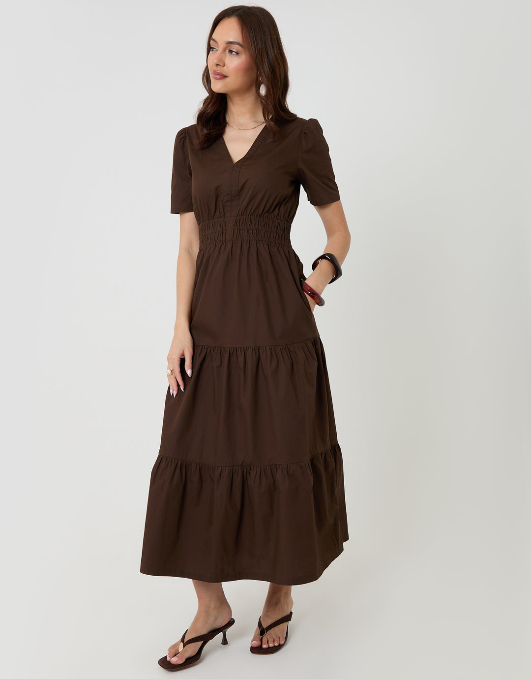 Threadbare Cotton Poplin Tiered Midaxi Dress in Chocolate Brown - full body
