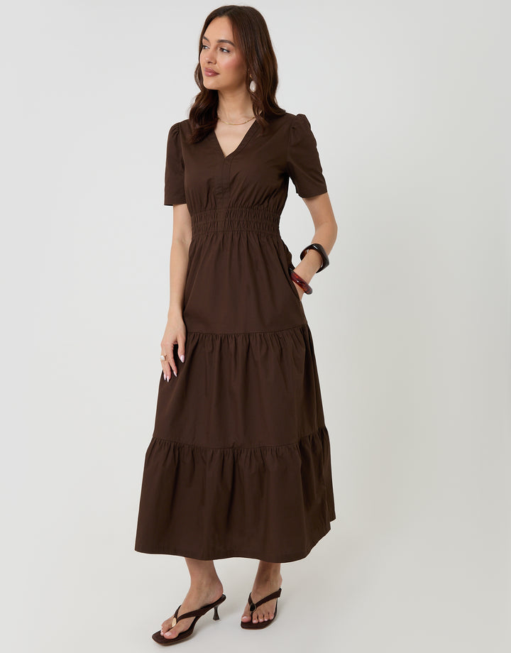 Threadbare Cotton Poplin Tiered Midaxi Dress in Chocolate Brown - full body