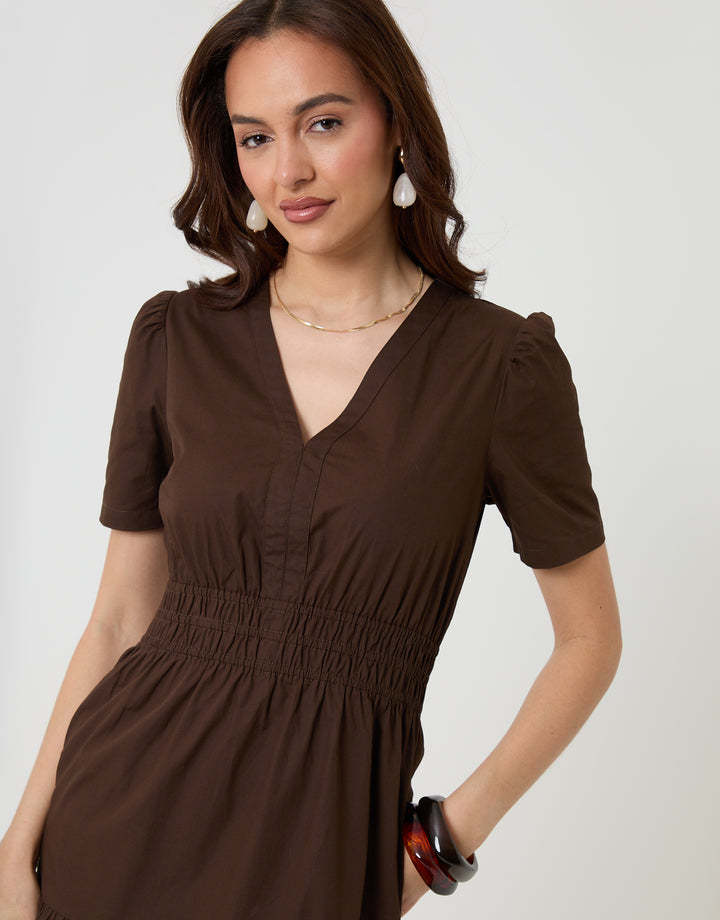 Threadbare Cotton Poplin Tiered Midaxi Dress in Chocolate Brown - front view close up