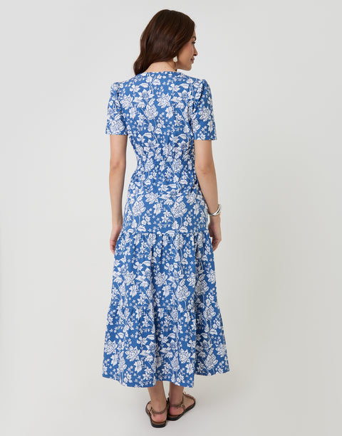 Threadbare Cotton Poplin Tiered Midaxi Dress in Blue Floral - back view