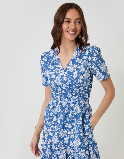 Threadbare Cotton Poplin Tiered Midaxi Dress in Blue Floral - front view close up