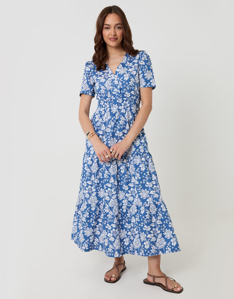 Threadbare Cotton Poplin Tiered Midaxi Dress in Blue Floral - full body