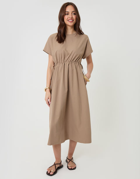 Threadbare Kimono Sleeve Drawstring Waist Midi Dress in Taupe - full view