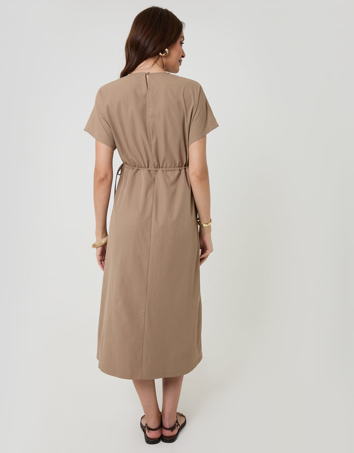 Threadbare Kimono Sleeve Drawstring Waist Midi Dress in Taupe - back view