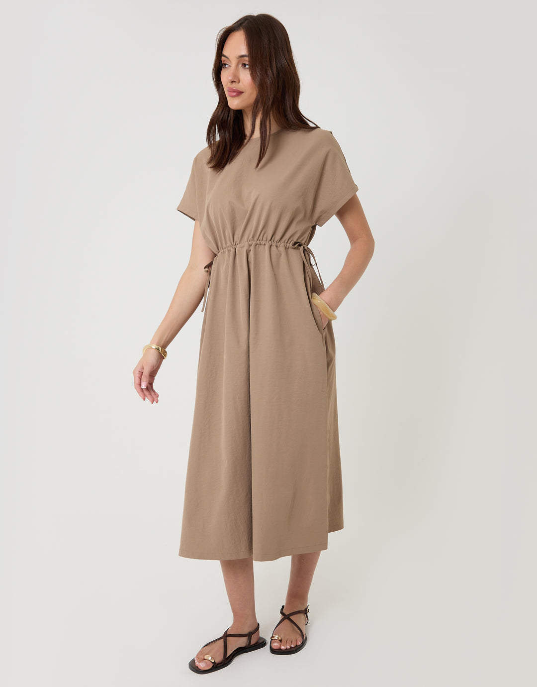 Threadbare Women's Taupe Kimono Sleeve Drawstring Waist Midi Dress Threadbare Women's Taupe Kimono Sleeve Drawstring Waist Midi Dress