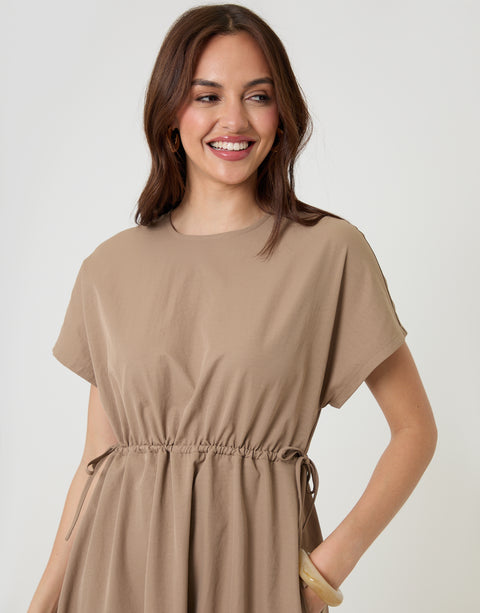 Threadbare Kimono Sleeve Drawstring Waist Midi Dress in Taupe - front detail view