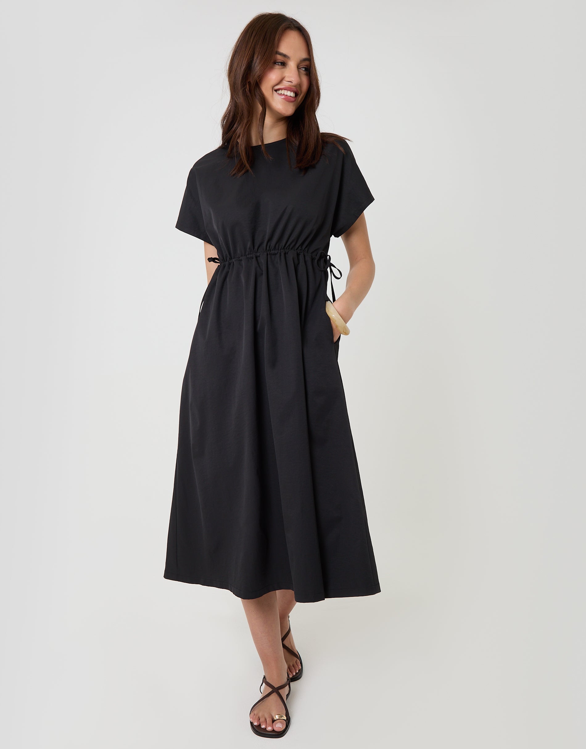 Kimono Sleeve Drawstring Waist Midi Dress in Black