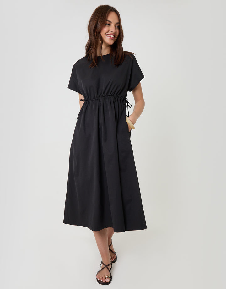 Black Kimono Sleeve Drawstring Waist Midi Dress