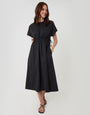 Black Kimono Sleeve Drawstring Waist Midi Dress
