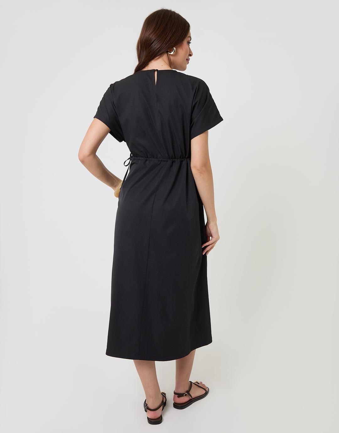 Black Kimono Sleeve Drawstring Waist Midi Dress