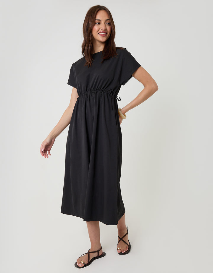 Black Kimono Sleeve Drawstring Waist Midi Dress