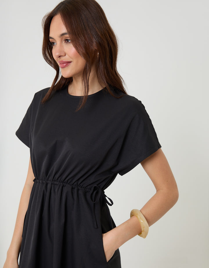Black Kimono Sleeve Drawstring Waist Midi Dress
