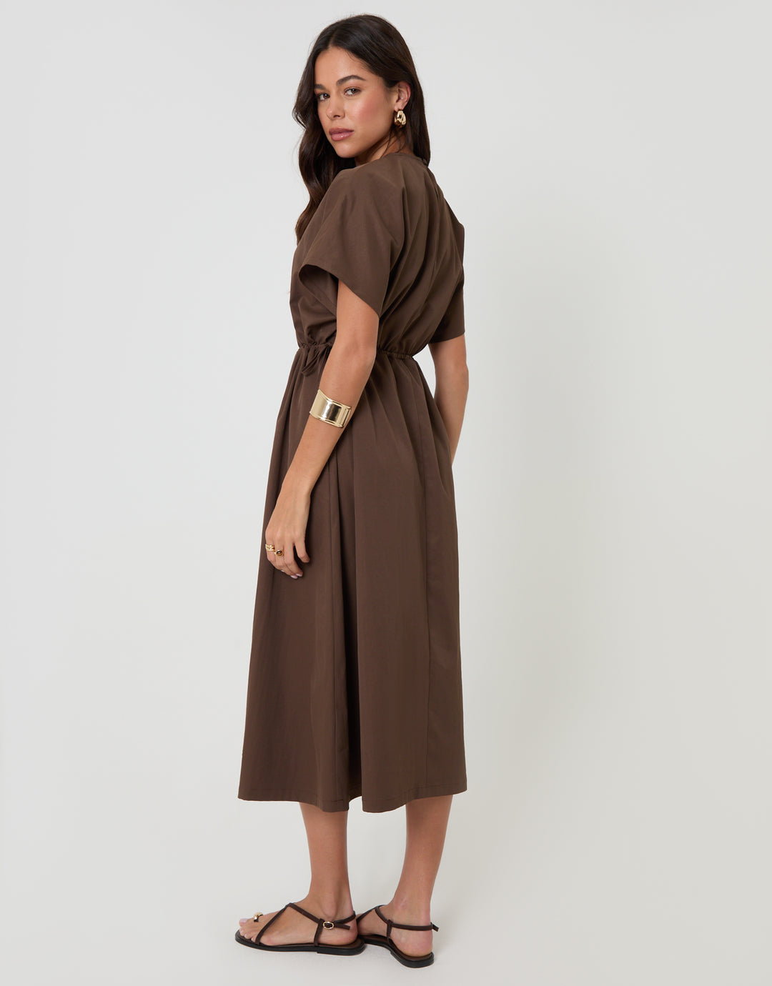 Brown Kimono Sleeve Drawstring Waist Midi Dress