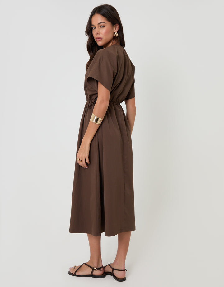 Threadbare Kimono Sleeve Drawstring Waist Midi Dress in Chocolate Brown - side view