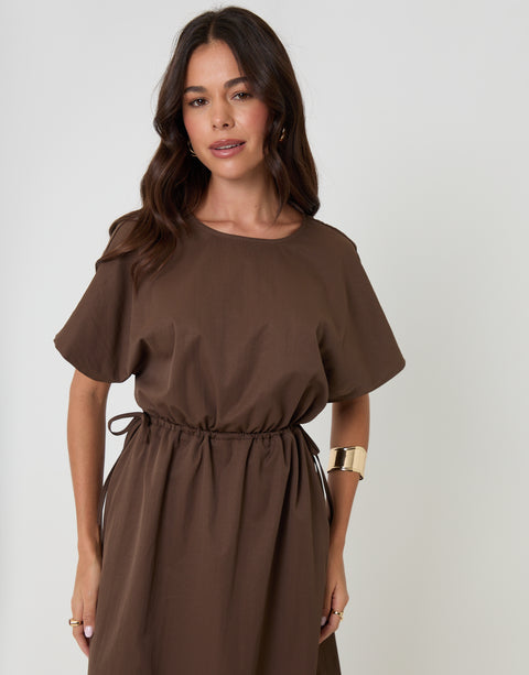 Threadbare Kimono Sleeve Drawstring Waist Midi Dress in Chocolate Brown - front view close up