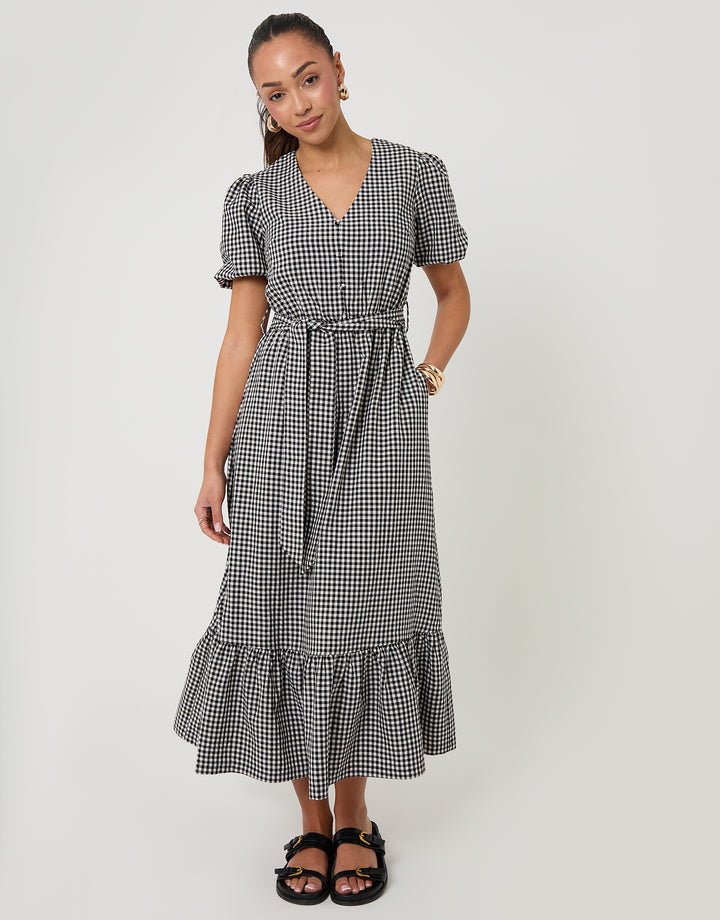 Mono Gingham Tiered Hem Puff Sleeve Maxi Dress