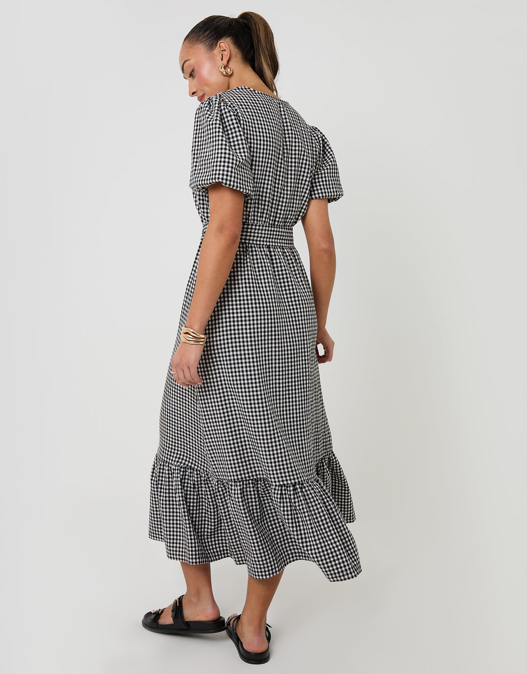 Mono Gingham Tiered Hem Puff Sleeve Maxi Dress