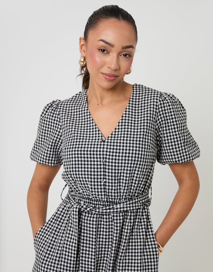 Mono Gingham Tiered Hem Puff Sleeve Maxi Dress
