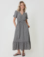Threadbare Tiered Hem Puff Sleeve Maxi Dress in Mono Gingham - front view
