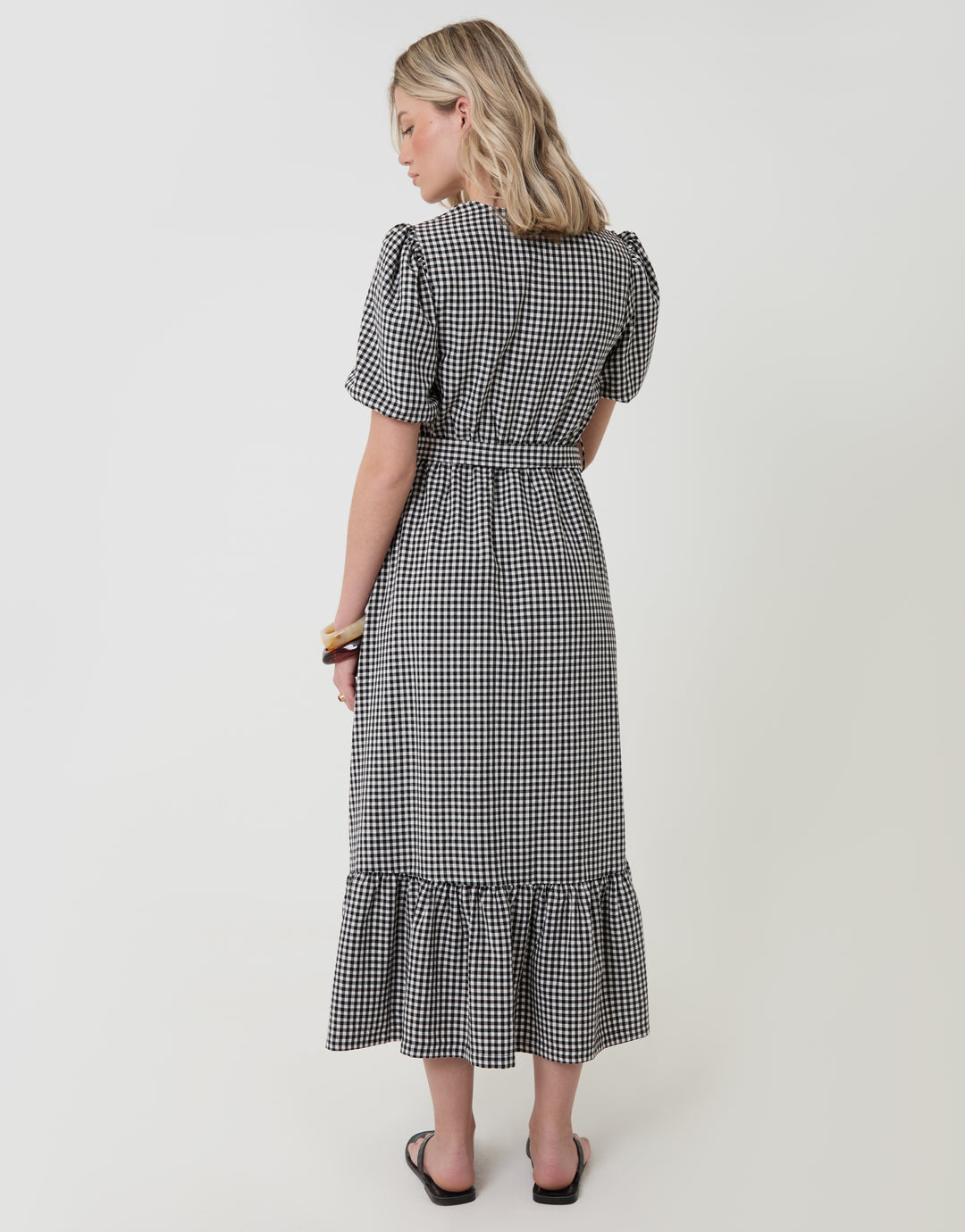 Threadbare Tiered Hem Puff Sleeve Maxi Dress in Mono Gingham - back view