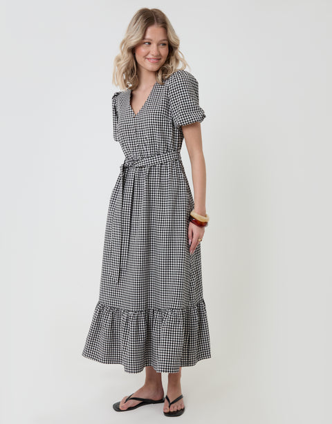 Threadbare Tiered Hem Puff Sleeve Maxi Dress in Mono Gingham - full body