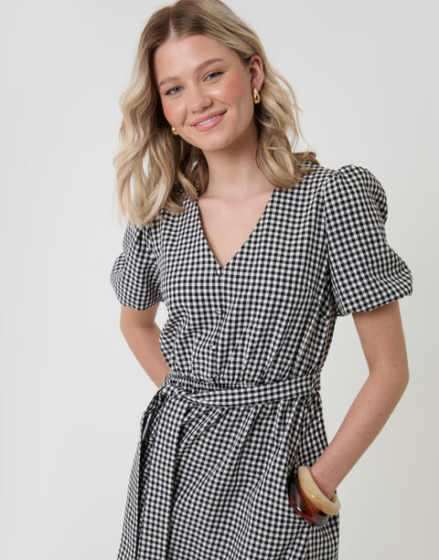 Threadbare Tiered Hem Puff Sleeve Maxi Dress in Mono Gingham - neckline close up
