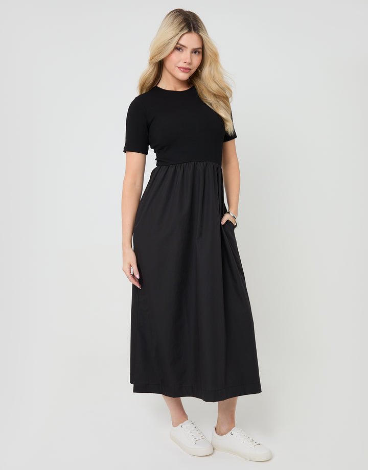 Black 2-in-1 Jersey Poplin Mix Crew Neck Midi Dress