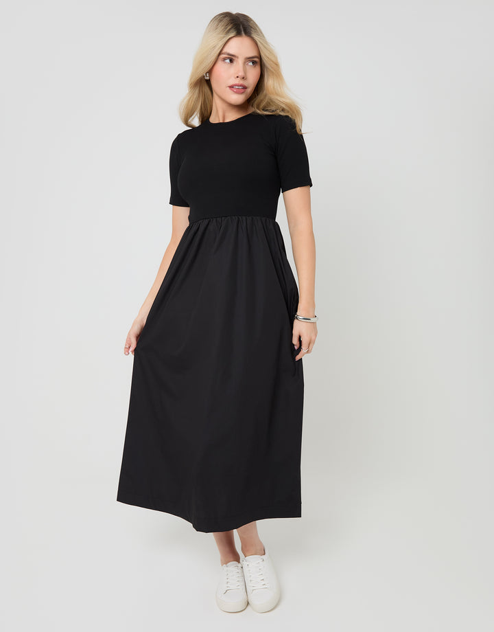 Black 2-in-1 Jersey Poplin Mix Crew Neck Midi Dress