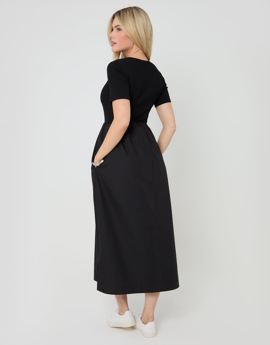 2-in-1 Jersey Poplin Mix Crew Neck Midi Dress in Black 2-in-1 Jersey Poplin Mix Crew Neck Midi Dress in Black