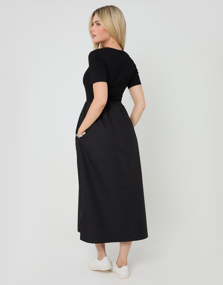 Black 2-in-1 Jersey Poplin Mix Crew Neck Midi Dress