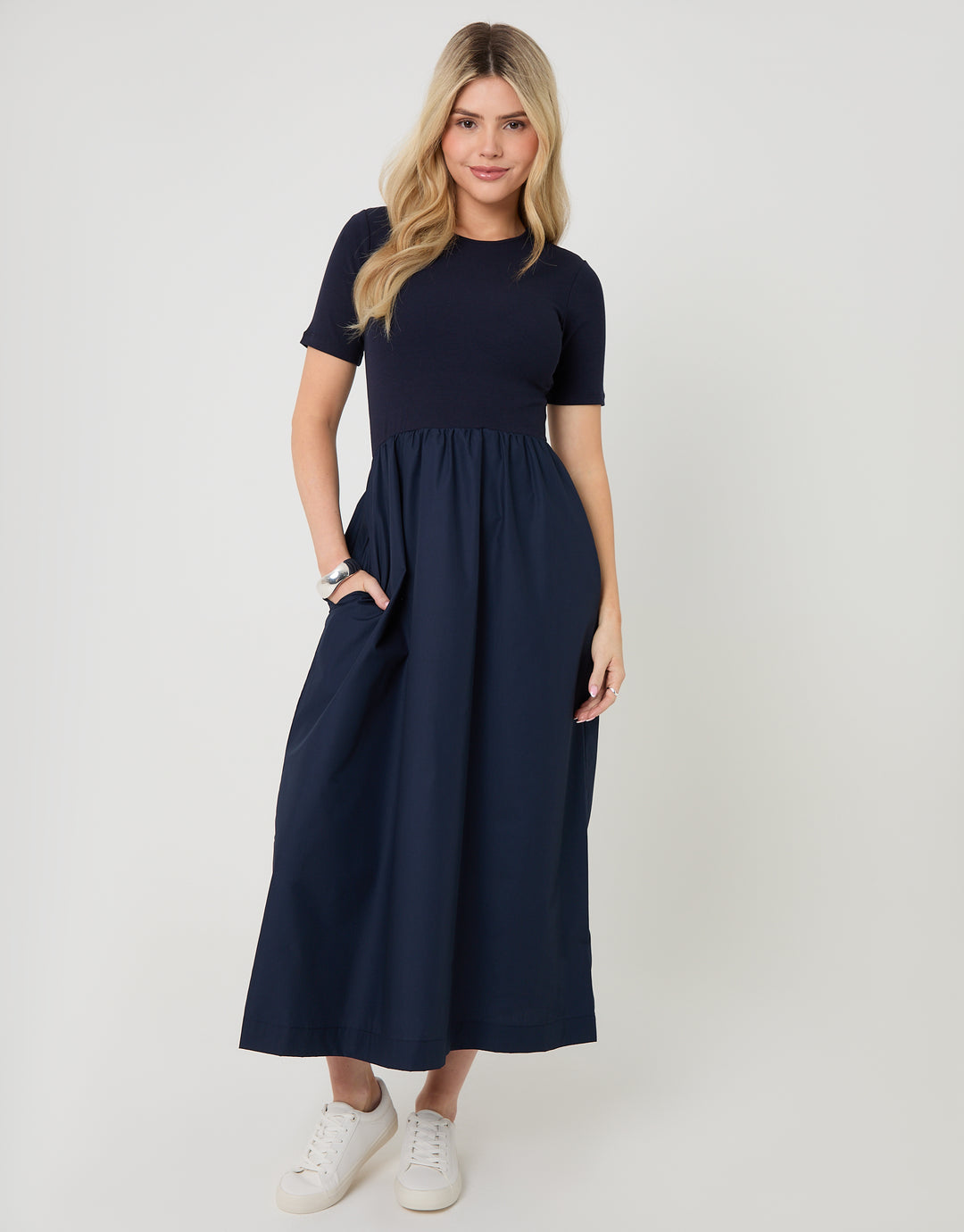 2-in-1 Jersey Poplin Mix Crew Neck Midi Dress in Navy 2-in-1 Jersey Poplin Mix Crew Neck Midi Dress in Navy