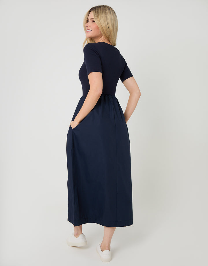 Navy 2-in-1 Jersey Poplin Mix Crew Neck Midi Dress