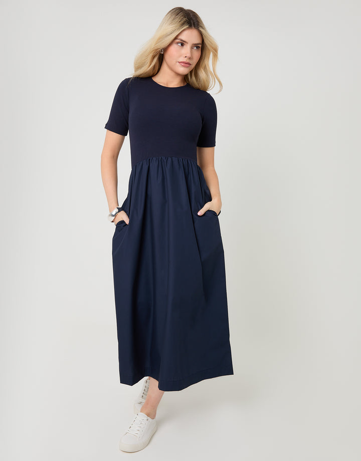 Navy 2-in-1 Jersey Poplin Mix Crew Neck Midi Dress